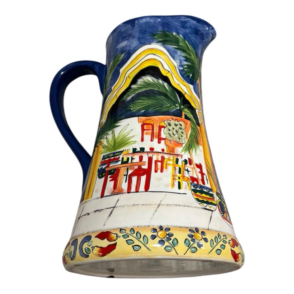 Ormsby by GANZ Ceramic Pitcher Hand Painted Mediterranean Scene Blue Handle‎